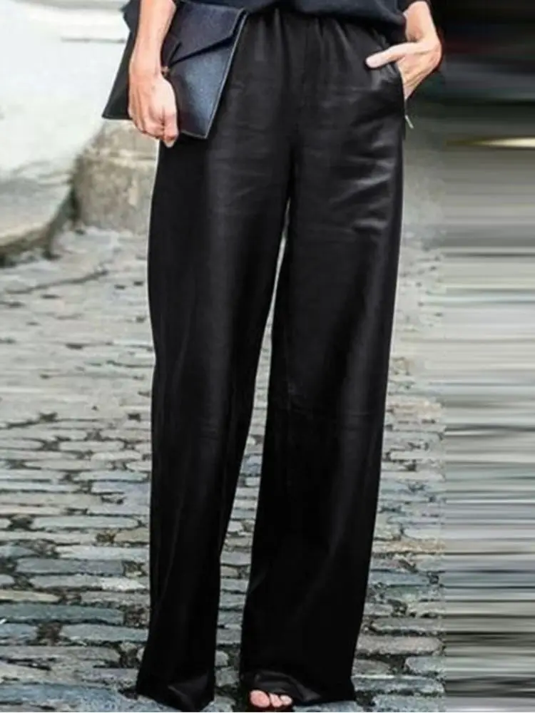 

ZANZEA Fashion Wide Leg Trousers Autumn PU Leather Women's Pants Casual OL Solid Bottoms Palazzo Femme Work Pantalon Oversized