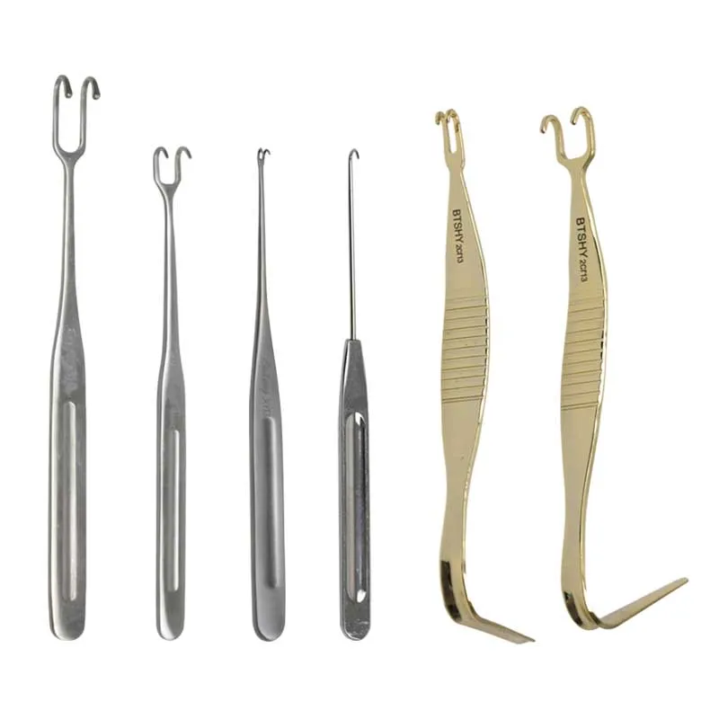 Nasal Bone Hook Nose Bone Pull Hook Rhinoplasty Hook with Double Head Gold Handle Plastic Tools Stainless Steel