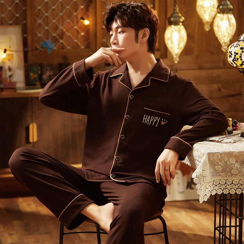 Pajamas Men's Knitted Cotton Long Sleeved Lapel Cardigan Plus Size Student Leisure Home Clothes Two-piece Set Can Be Worn Out