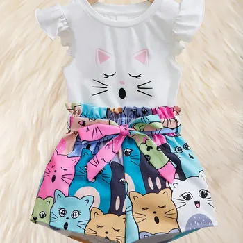 여아용 세트 조끼 상의 반바지 투피스 세트, 저렴한 패션 아동복, 4-7y, 여름