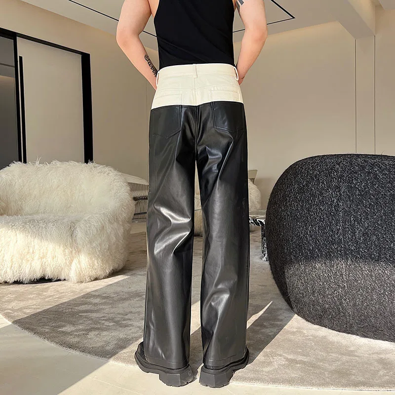 Wide Leg Pants IEFB Designer Denim Matching PU Leather Color Contrast Straight Pants Male Trousers High Street 9A7434