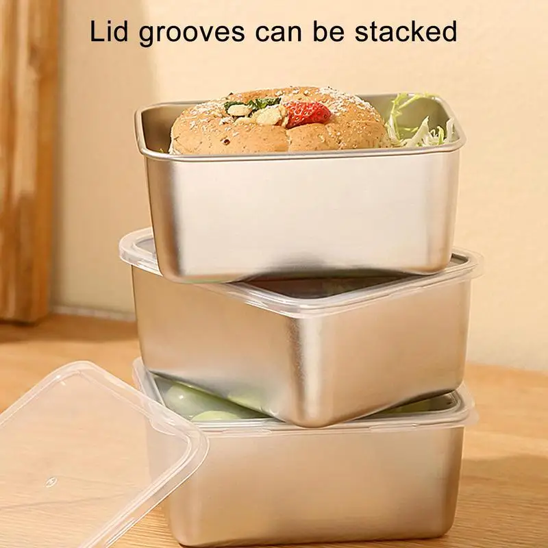 Stainless Steel Square Plate With Lid Rectangular Food Storage Pan Commercial Dish Tray Large Refreshing Lunch Box Container 5