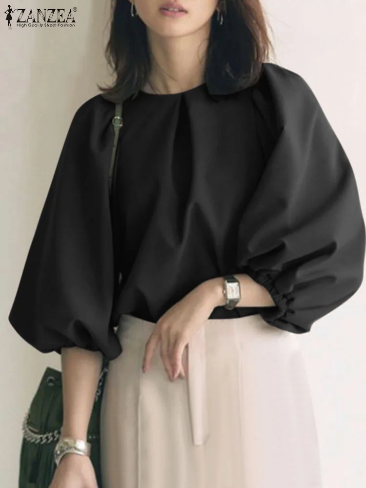 

Женская рубашка с круглым вырезом ZANZEA, Повседневная Свободная однотонная блузка, модные туники с рукавами-фонариками 3/4, летние топы большого размера в уличном стиле, 2024