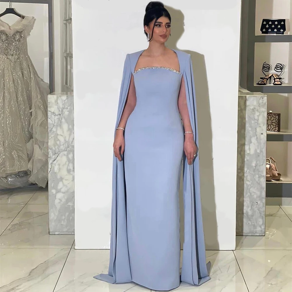 Simple Blue Square Collar Sequins Long Satin Formal Occasion Prom Dresses Customized Women Evening Party Dress فساتين ا 1