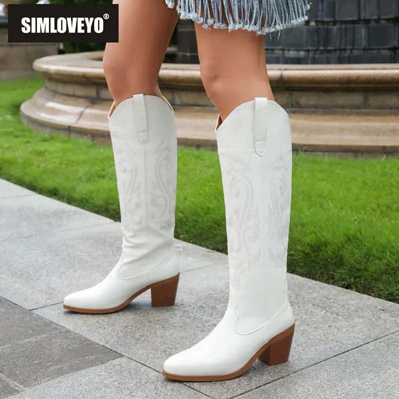 

SIMLOVEYO Brand Women Western Boots Square Toe Block Heels 7cm Embroider Slip On Plus Size 42 43 Fashion Leisure Daily Booties