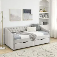 Wood Twin Daybed Frame with 2 Storage Drawers, Upholstered with Button and Nailhead Design for Bedroom Guest Room 1