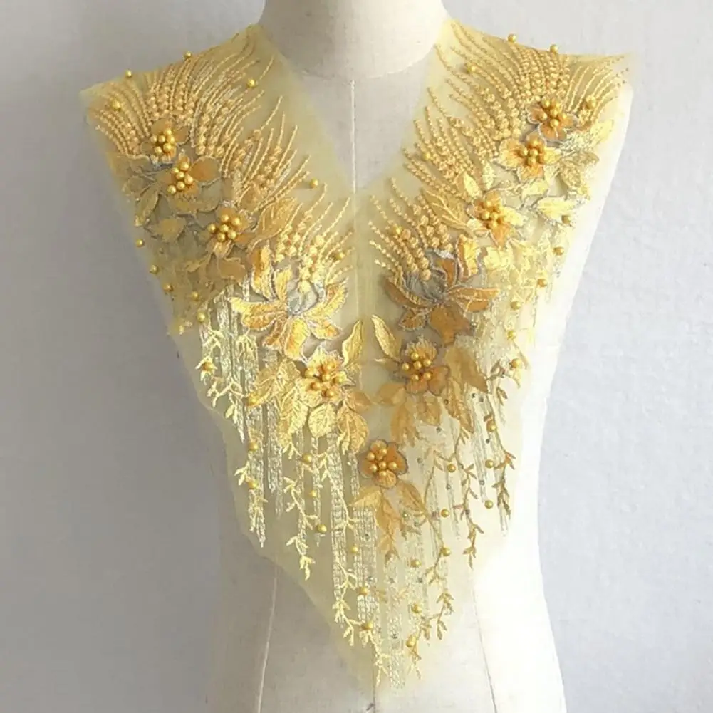 Beads Flower Embroidery Lace Collar Wedding Dress V Collar DIY Lace Flower Trim Patch Elegant Wedding Dress Patch Fabric