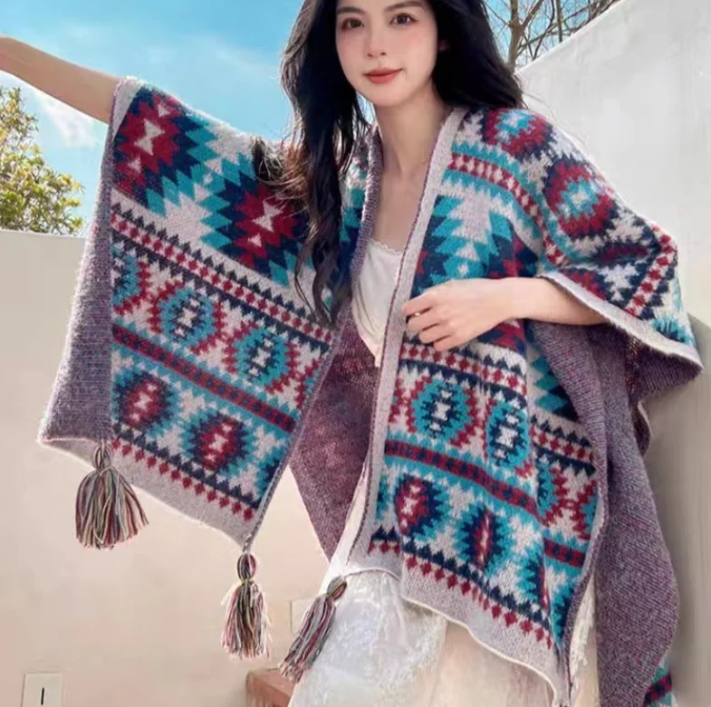 

Cloak Poncho Capes Tourism shawl autumn and winter ethnic style knitted cape new style external scarf split shawl