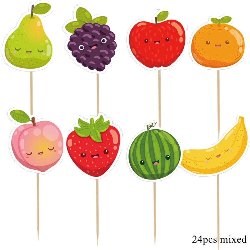 Fruit Cake Topper for Birthday Party Cakes 24Pcs 24pcs Fruits Cake Topper Strawberry Watermelon Smiling Face Cupcake Toppers for Kids Summer Fruits Birthday Party Decorations 2