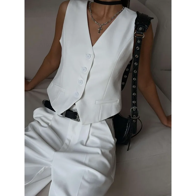 V-Neck Sleeveless Female 2 Piece-Set Casual Slim Straight Trousers Pocket Solid High Street Outfits Fashion Shorts Sets