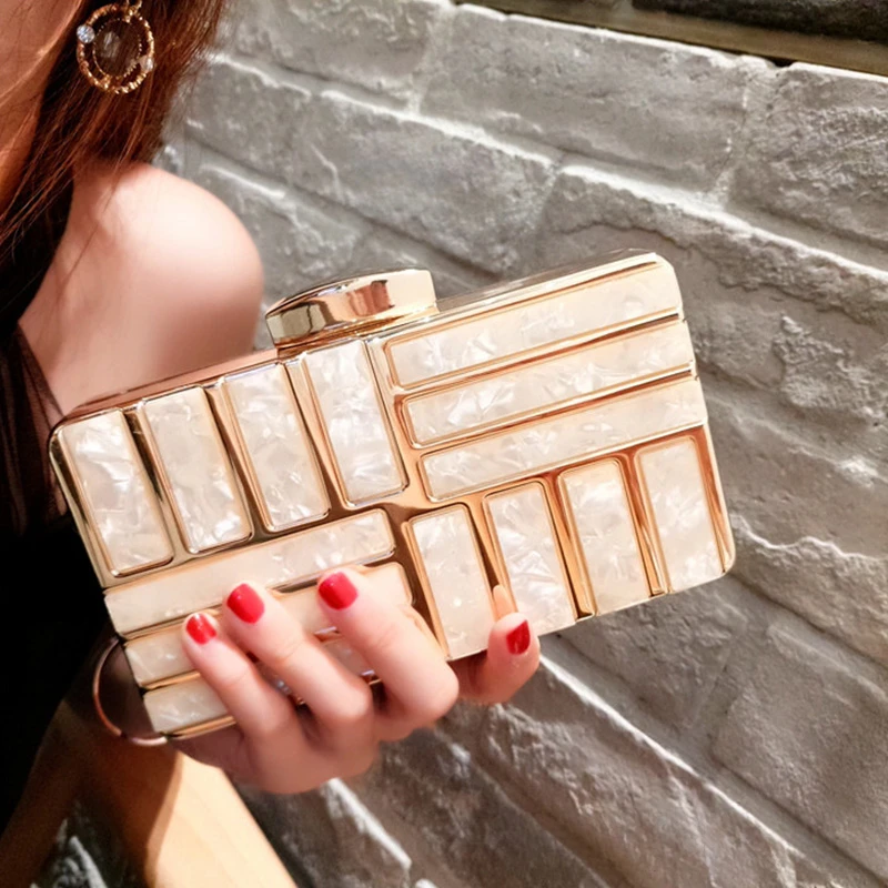 Women Clutches Evening Bags Geometry Metal Acrylic Purses and Handbags Shoulder Crossbody Bag Simple Formal Wedding Prom Party