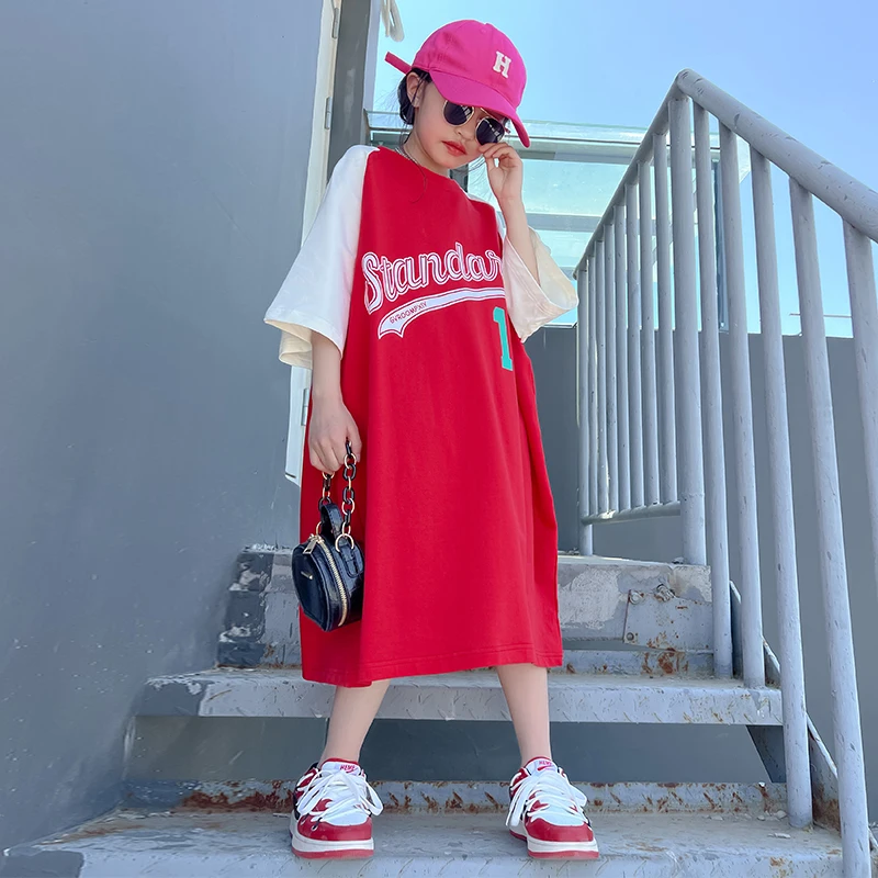 Personality Girls T-shirt Summer lengthen big t shirts loose Dresses Cotton  Letter Tees dress Long T-shirts Children's vestidos