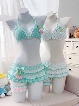 Women Y2k Sweet Bikini Set Japanese Kawaii Print Ruffles Lolita Swimsuit Crop Top + Skirt Two Piece Swimwear Beach Wear 1