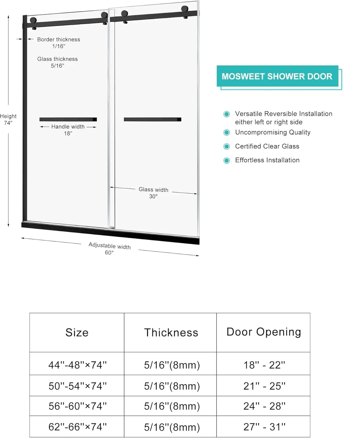 Double Sliding Shower Door, Clear Tempered Glass, 18 inch Pull Handle, Stainless Steel Hardware, Matte Black Finished 3