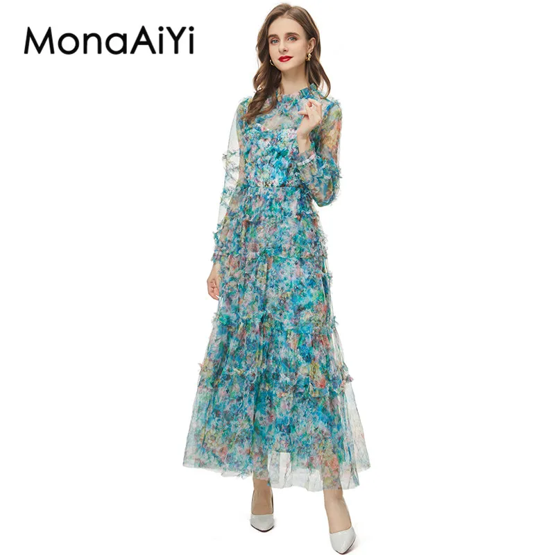 

MonaAiYi New Fashion Runway Designer Women's Spring And Summer Long Sleeved Wooden Ear Edge Printed Green Sheer Dress