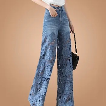Y2k Women's cute jeans High Leg Waisted Wide 2025 Spring Summer Fashion Hollow Lace Patchwork Denim Pants 1