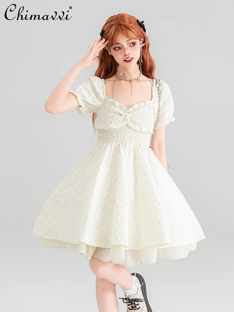 

French Style Elegant Square Collar Puff Short Sleeve Jacquard Embossed Floral White Sweet Ball Gown Princess Dress Women Summer