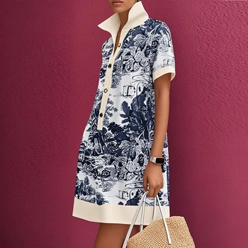 Modigirl Mini abito estivo da donna vintage a maniche corte 2025 Creazione originale con bottoni Pittura di paesaggio Stampe Abiti femminili 1