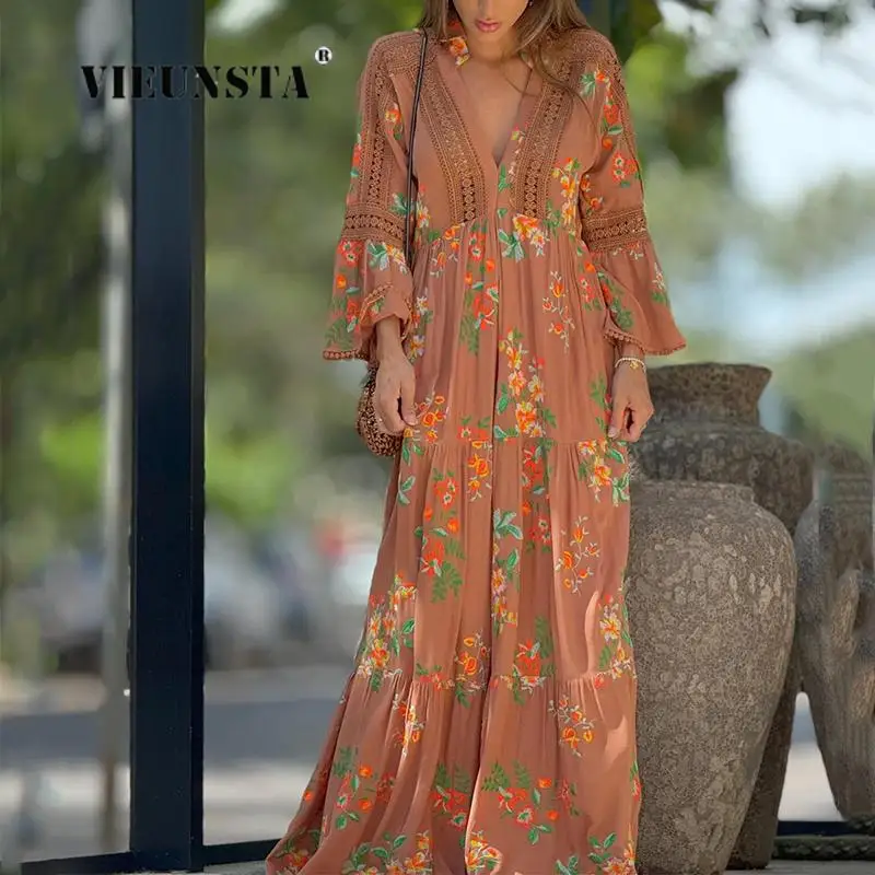 

Spring Vintage Lace Patchwork Flare Sleeve Dress Fashion New Embroidery Floral Maxi Dress Women Deep-V Boho Pleated Long Dresses