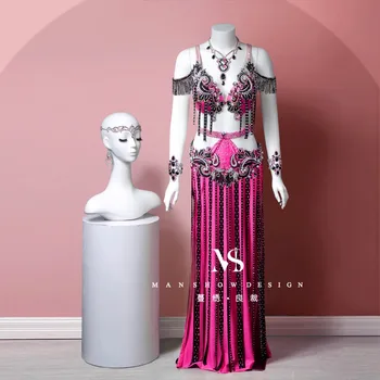 customized belly dance performance costume new tassel straight tube skirt sexy contrasting color performance costume 6-piece set