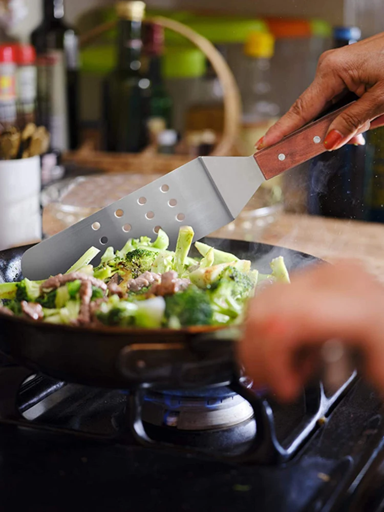 Description Picture 2 of item3Pcs/Set Stainless Steel Metal Scraper Hamburger Shovel Kitchen Dining Bakeware Tools Wood Handle Steak Pizza Flat Shovel Peels