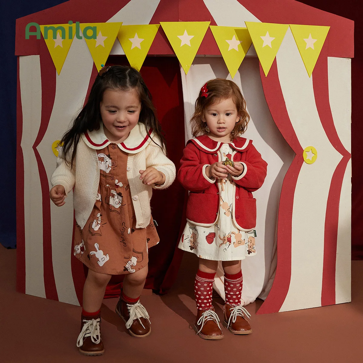 Baby Dress Spring Academic Style Long Sleeves A-line Dresses For Girls Cute Cartoon Print