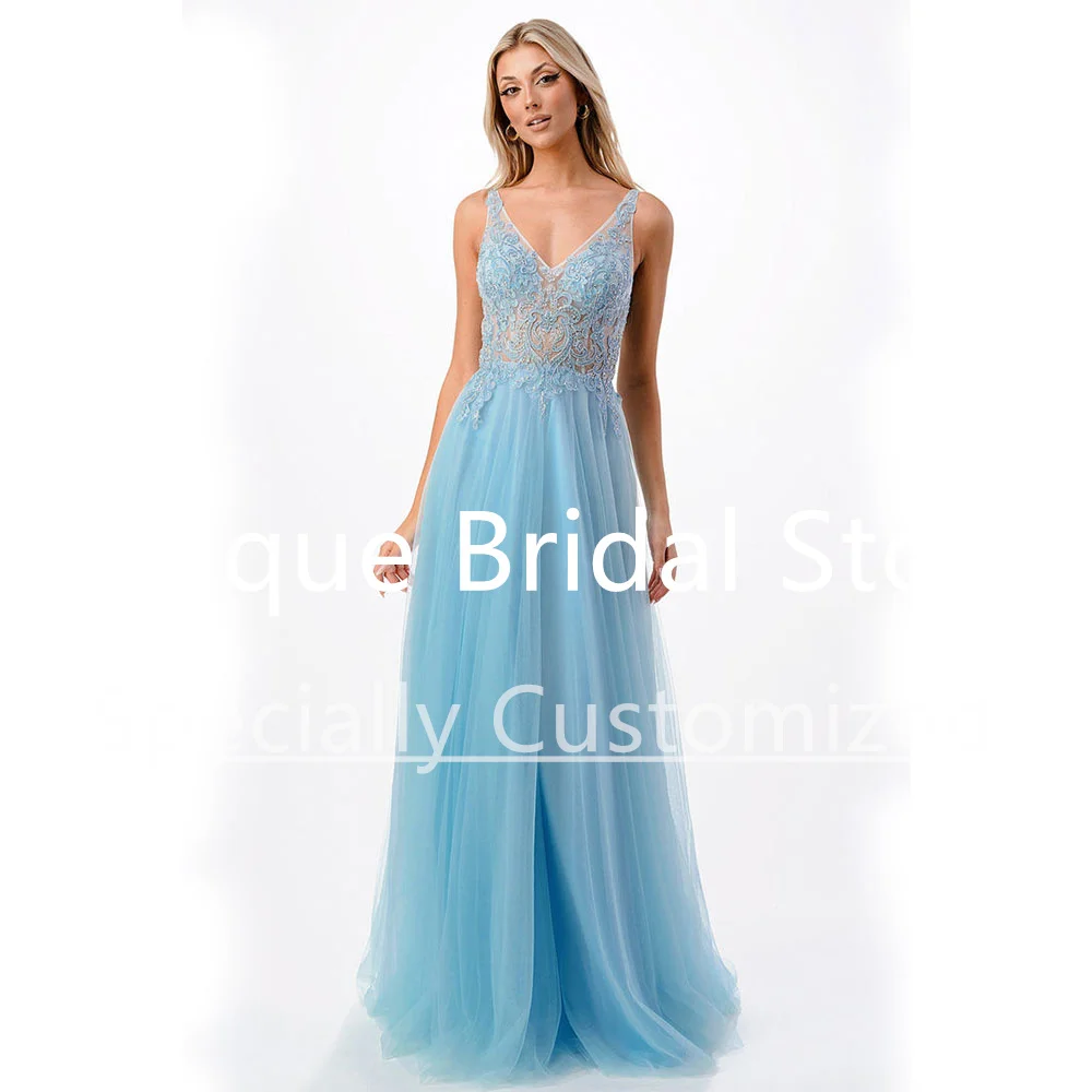 

Tulle Prom Dresses A-Line V-Neck Spaghetti Strap Backless Party Dress Applique Zipper Sleeveless Pleat Beautiful Evening Gown