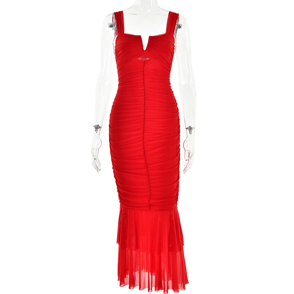 

JAMERARY Fishtail Mermaid Tulle Bandage Bodycon Dress Summer Women Straps Sundress Beach Wear Holiday Vacation Long Maxi Vestido