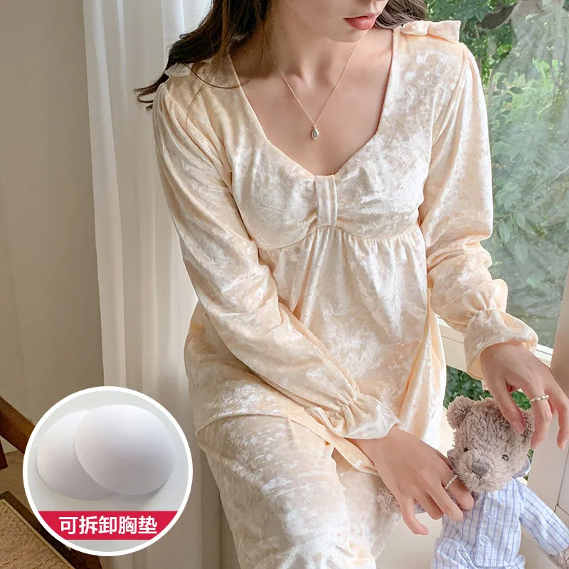 Autumn and Winter Women's Pajamas Velvet Lace Cardigan Button Set Pajamas Women's Korean Casual Home Clothes with Cushion