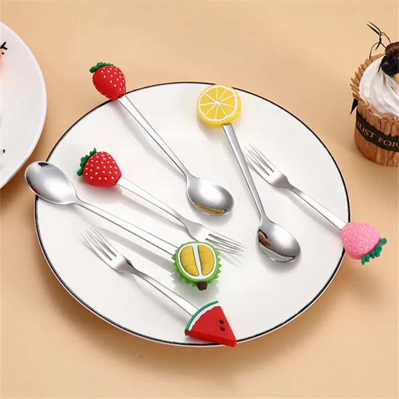 Stainless Steel Fruit Shaped Coffee Spoons Fruit Dessert Spoon Fork Candy Tea Spoon Drink Tableware Kitchen Supplies 7Pcs stainless steel spoon