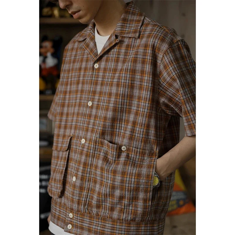 

Second Order Seersucker Plaid Open Collar Shirt Men Short Sleeve Casual Check Top