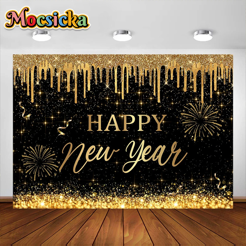 

Happy New Year Glitter Gold Backdrops Bokeh Sparklers Golden Dots Balloons Champagne Adults Portrait Photography Background