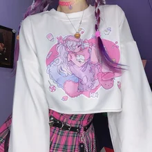 

HOUZHOU Cartoon Tshirt Women Kawaii Harajuku Long Sleeve Tops Japan Style Streetwear E Girl Y2k White Graphic Tees Kpop Fashion