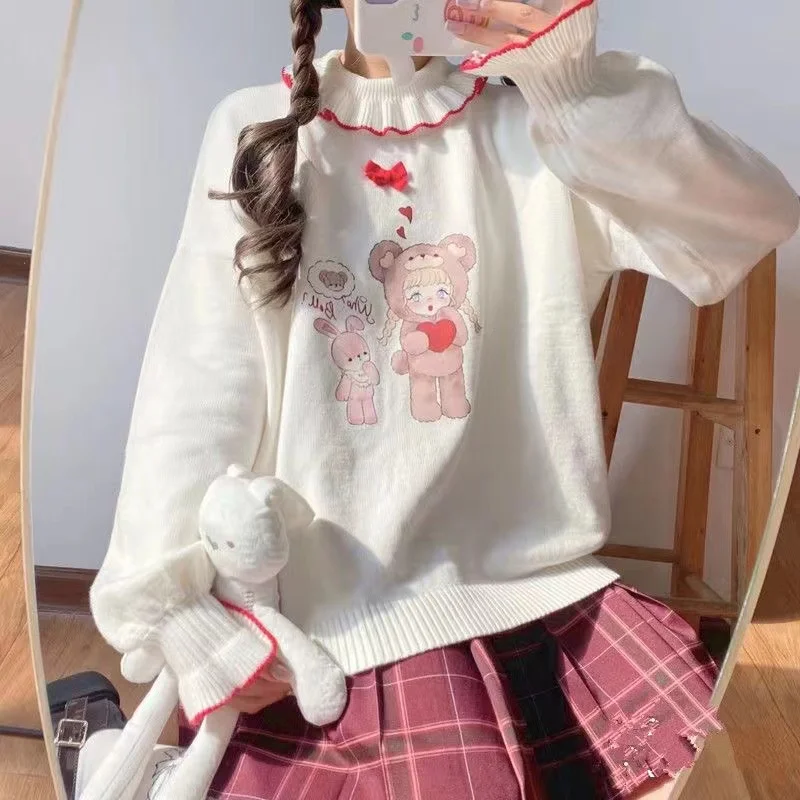 Kawaii Japan Y2k knitting Sweater Women Cartoon Girl Ruffle Turtleneck