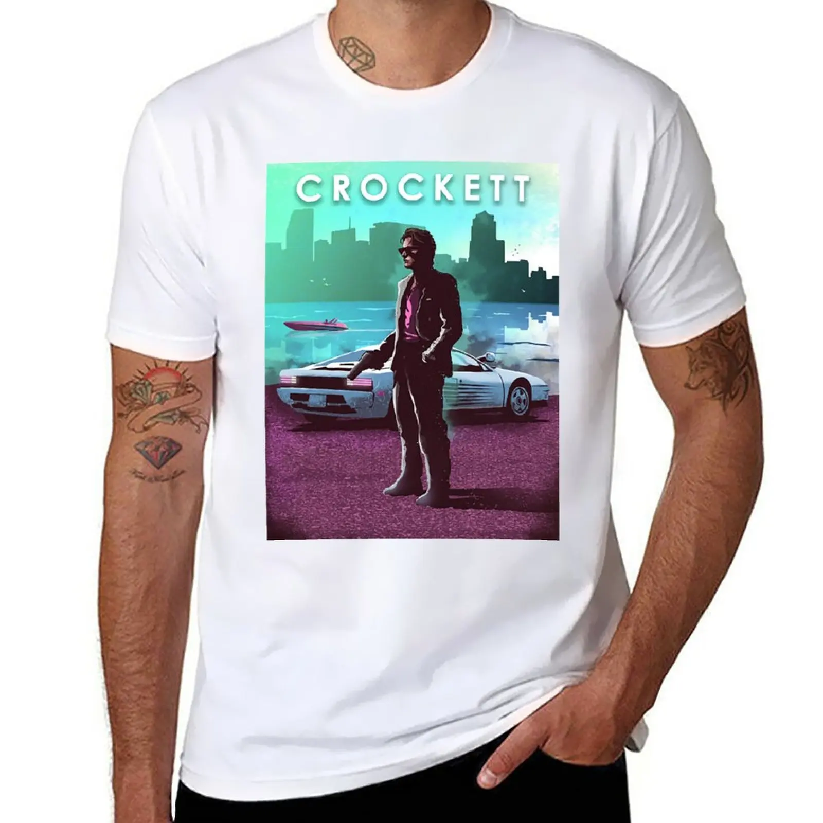 Sonny Crockett - Miami Vice - Testarossa - Car Legends T-Shirt Manica Corta Tee Customs Plus Size T-Shirt Oversize Tinta Unita Uomo