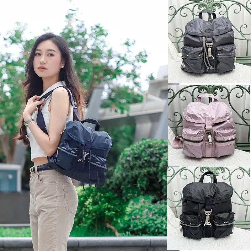 

New Lesportsac Co Branded Solid Color Exquisite Nylon Travel Casual Backpack with Lid and Drawstring for Valentine's Day Gift