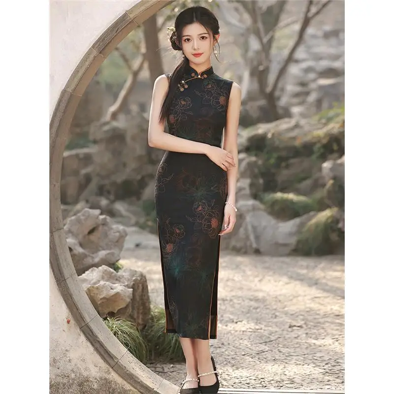 Beller는 어린 소녀를위한 빈티지 부드러운 실루엣을 슬리밍하는 스타일 민소매 긴 중국 복장 청소년 버전을 사용자 정의했습니다.