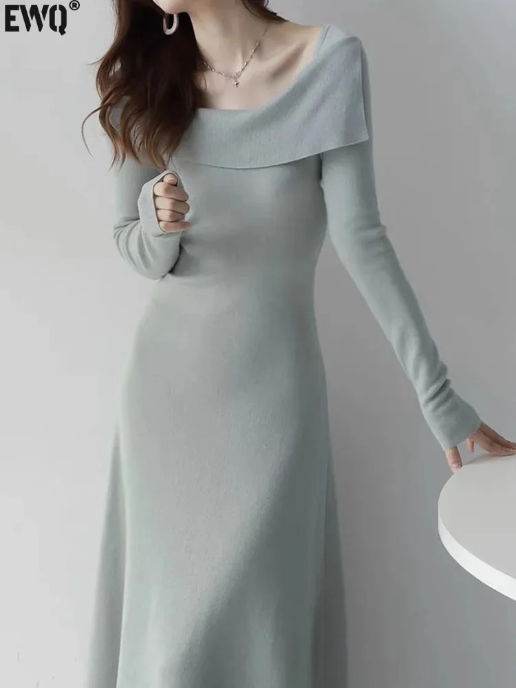 

[EWQ] Temperament One Shoulder Slash Neck Dress Fashion Shrinking Waist Slim Knitted Women's Clothes 2024 Spring Autumn 16U7379