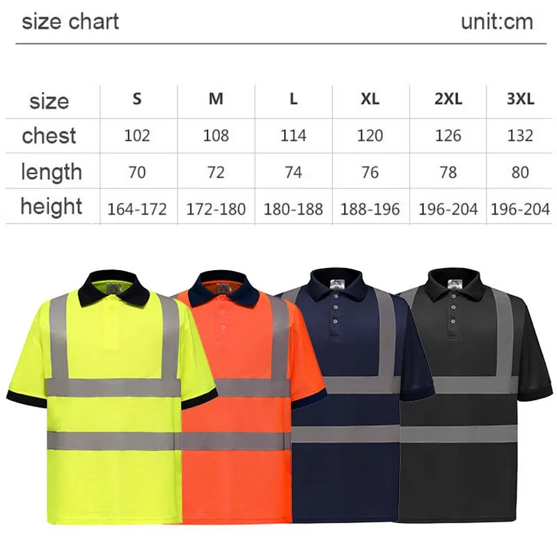 Hi Vis 반팔 폴로 짧은 안전 폴로 셔츠, 네이비 옐로우 오렌지, 높은 가시성 반사 작업 셔츠