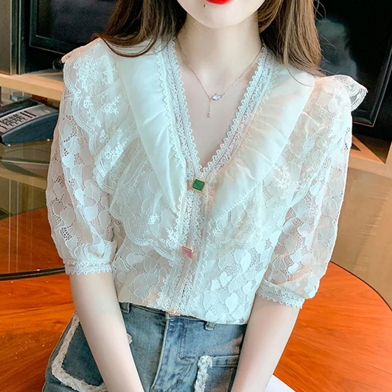 

New Summer Elegant Lace Chiffon Blouse Women 2023 Casual Ruffle Short Sleeve Shirts Sweet Top Ladies Loose Button Clothing 27045