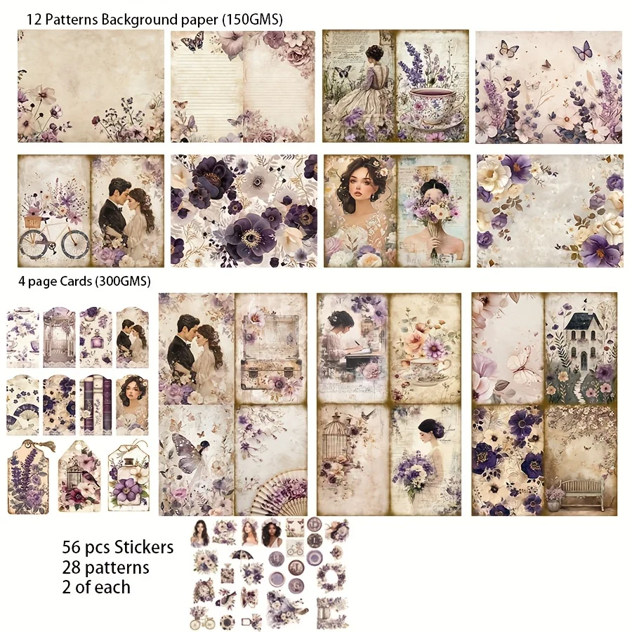 68pcs Card and Sticker Set Vacation Wedding Lavender Purple Floral Patterns Wedding Album DIY Greeting Card Junk Journal