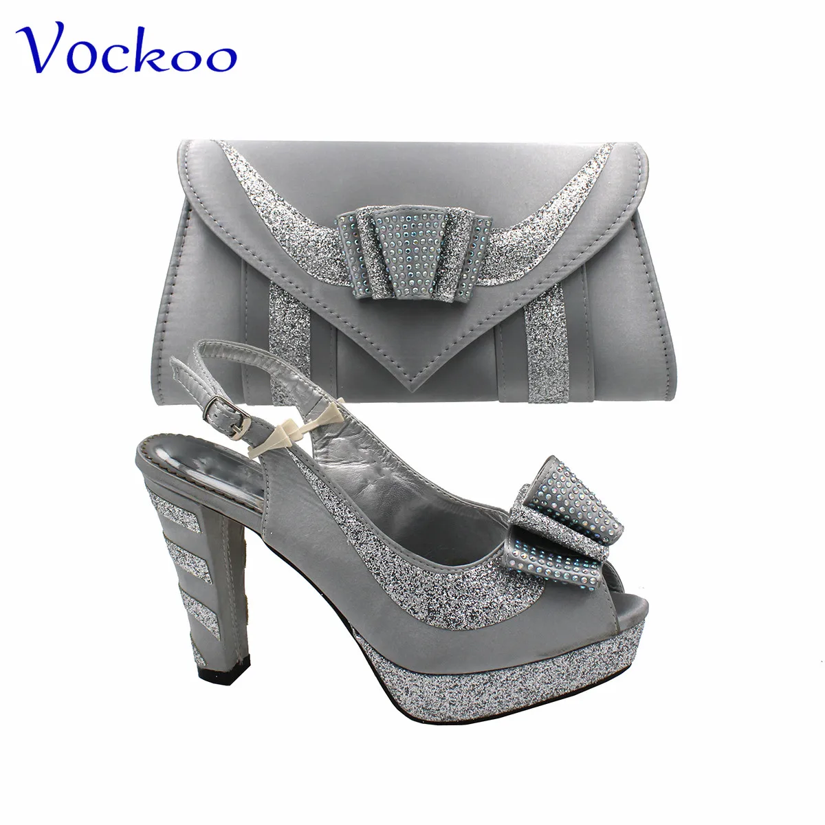 2023 Silver  Color New Design African Women Shoes and Bag Set Super High Heels for Garden Party