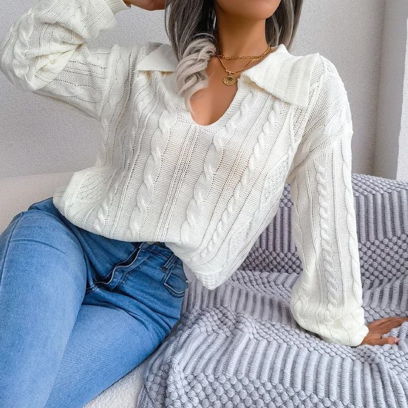 

YEMOGGY Casual Loose Twist Knit Sweater Pullover Women's Winter Sweaters 2023 New Lapel Full Sleeves Solid Bottoming Pullovers