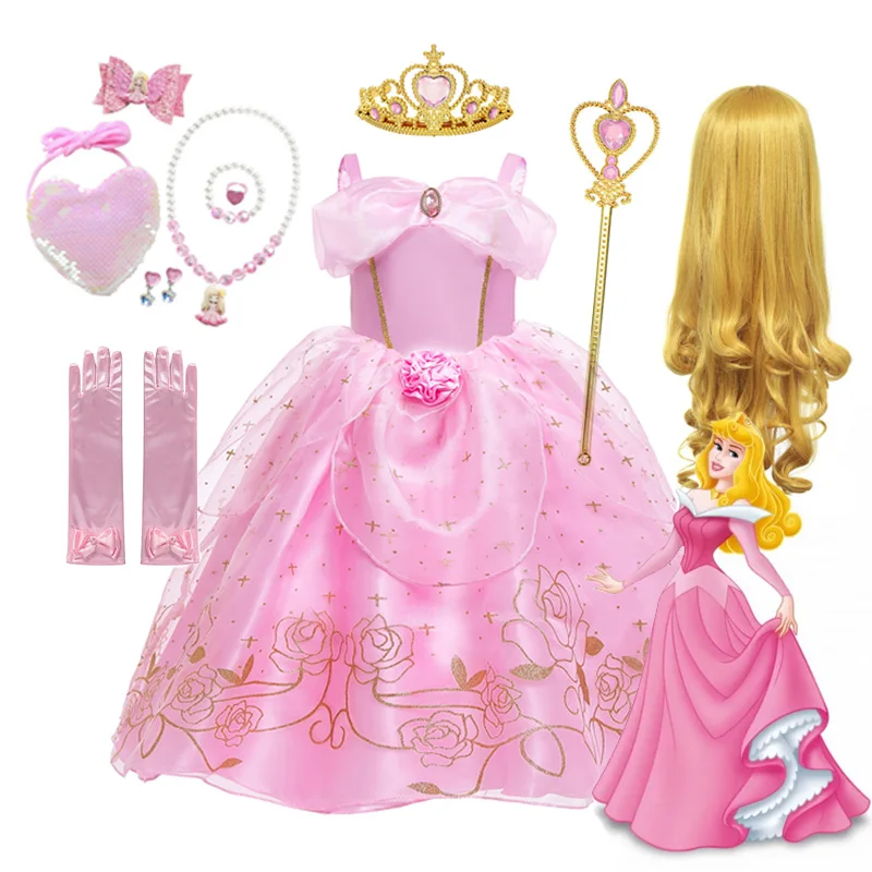 thumbnail image 2 of Vestido de princesa Aurora de Disney para niñas, traje de Cosplay de Bella Durmiente, vestido de tirantes con estampado Floral de rosa, vestido elegante para niños, Verano, 2 of 5
