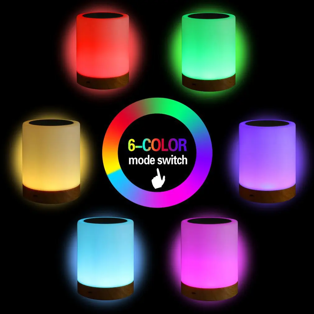 

New LED Seven Colours Creative Wood Grain Rechargeable Night Light Gift Bedside Lamp Table Lamp Touch Pat Ambient Light
