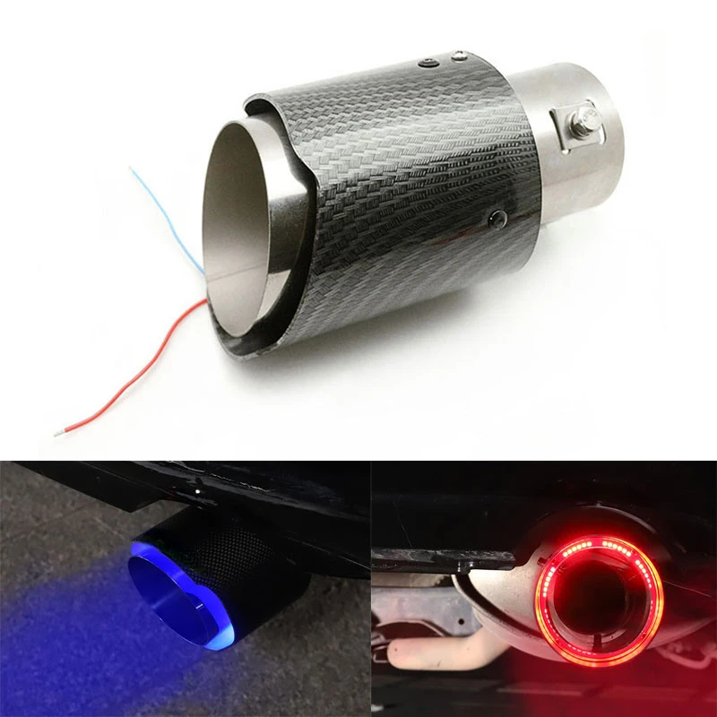 Car General Modification Accessories 63mm Carbon Fiber Pattern With Red Led Light Exhaust