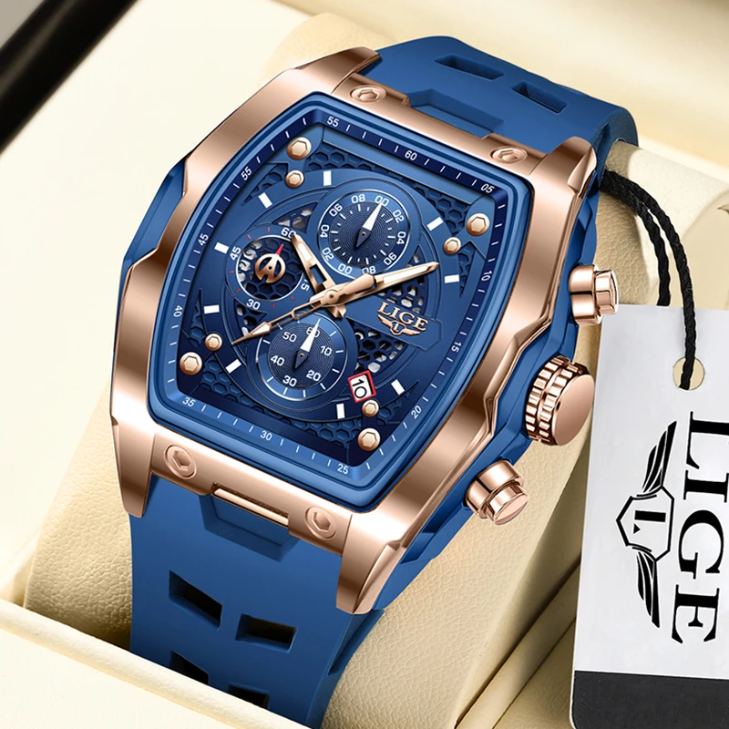 LIGE Quartz Watches For Men Fashion Military Sports Waterproof Watch Men Top Brand Luxury Original Silicone Square Chronograph