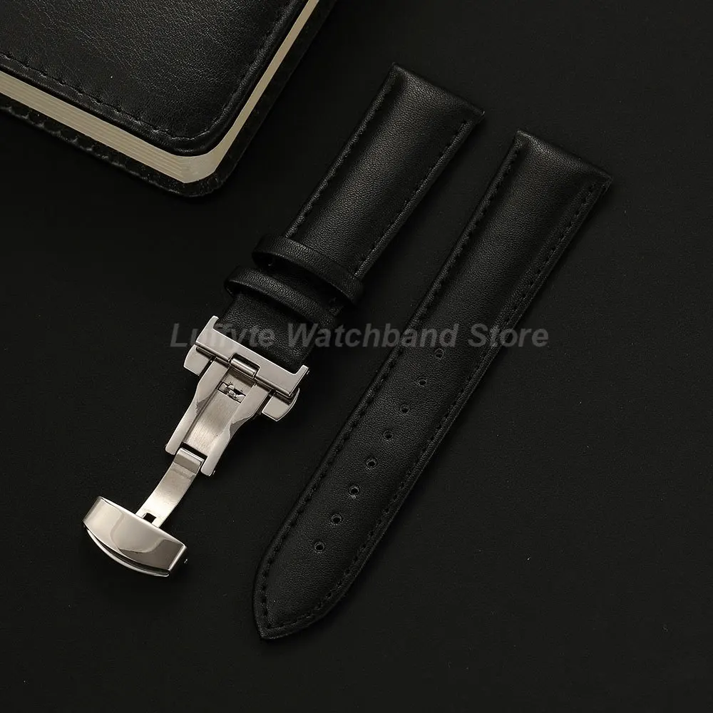 Classic Black and Brown Leather Watch Band with Butterfly Clasp Buckle – Elegant Replacement Strap