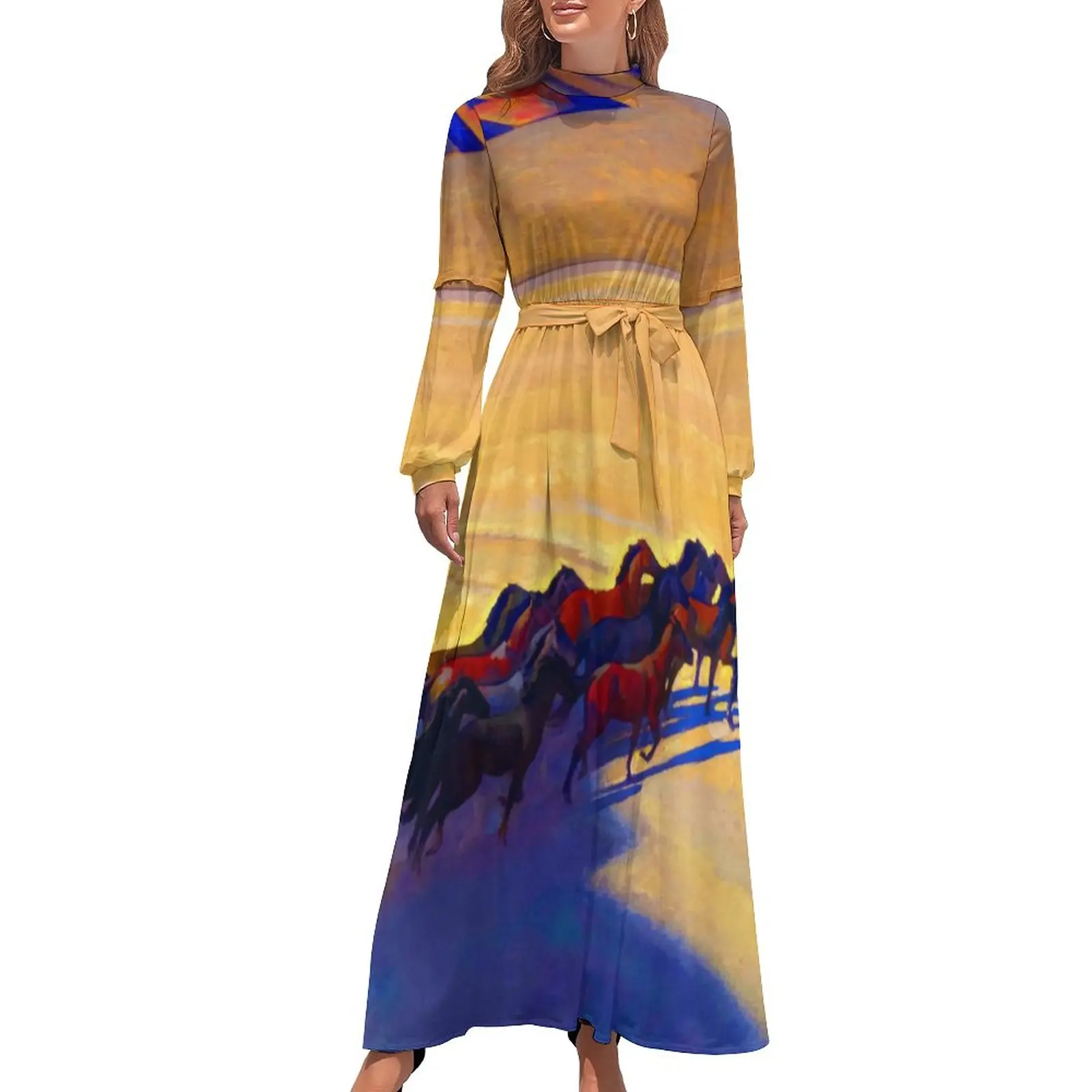 

Desert Print Dress Long Sleeve Wild Horses Kawaii Maxi Dress High Neck Street Fashion Design Bohemia Long Dresses Gift Idea