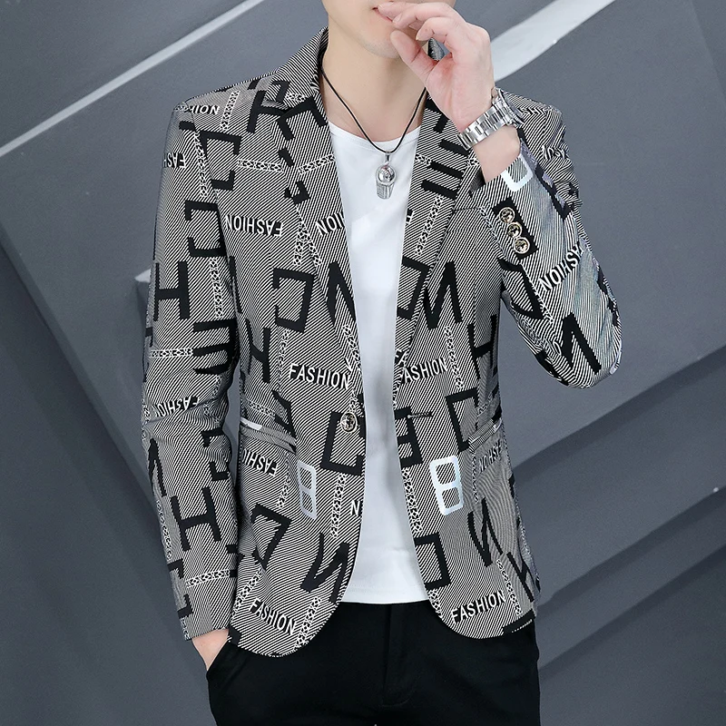Men's Letter Printing Slim Fit Blazers High Quality Fashion Casual Groom Formal Dress Suit Jacket Blazers Brand Men's Clothing